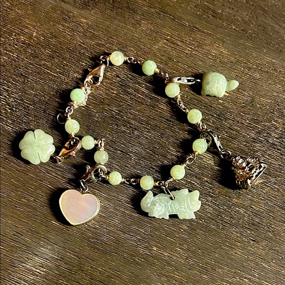 Jade & 925 Sterling Silver Charm Bracelet - Luck & Fortune Theme - Picture 1 of 7